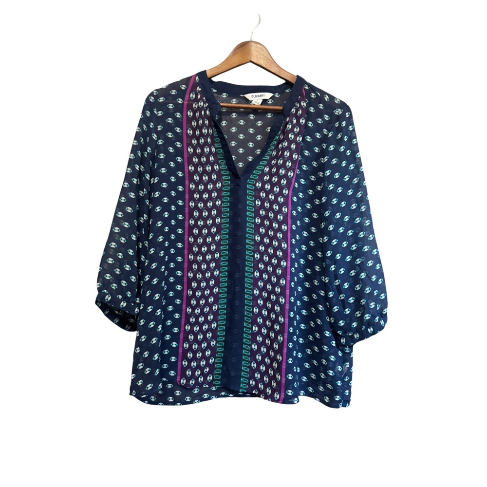 Old Navy Blouse Women Large Navy Blue Geometric Chiffon Split Neck Top Excellent